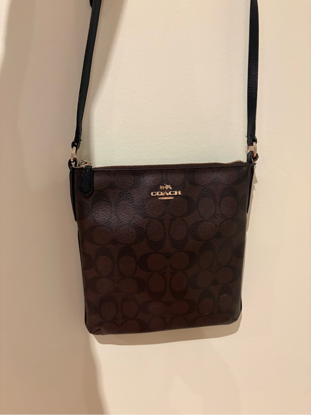 COACH Brown Signature Canvas Crossbody with Black Strap